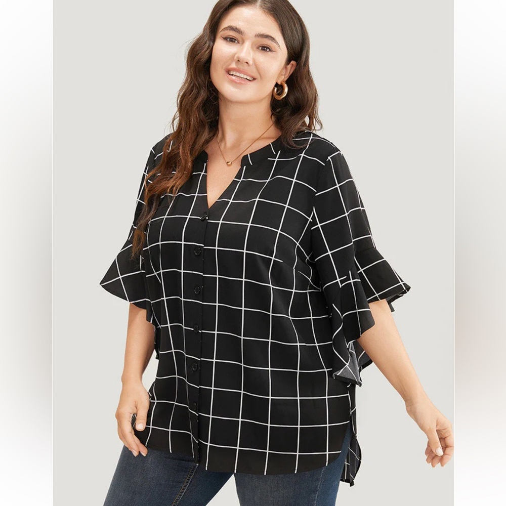 Nwt Plaid Notched Button Up Ruffle Sleeve Split H… - image 3